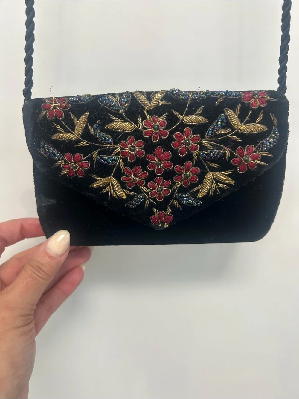 Vintage Embroidered Black Velvet evening Bag/clutch with Red Floral Accents